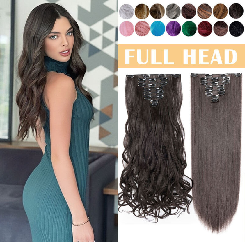 100% Natural Thick Clip in Hair Extensions 8 Pieces Full Head Long As Human Hair